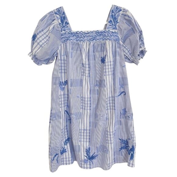 Johnny Was XL Marbella Square Neck Dress Blue Plaid Embroidered NWT MSRP $348 - Picture 1 of 8